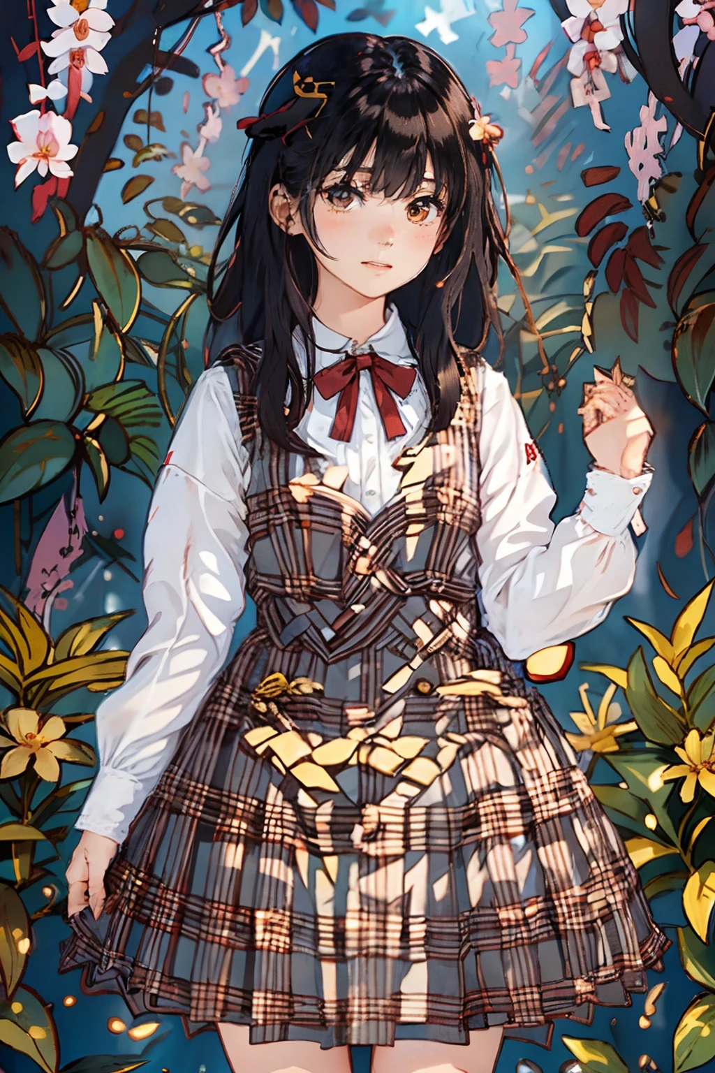 masterpiece, best quality, 1girl, nogizaka_costume, cowboy shot, thighs, beautiful girl, flowers, many small petals, garden, blue sky, looking at viewer, small waist, official art, raw photo, incredibly absurdres, facelight, dynamic lighting, cinematic lighting, ultra realistic, highres, photography, sharp focus, highest detailed, extreme detailed, ultra detailed, finely detail, extremely detailed eyes and face