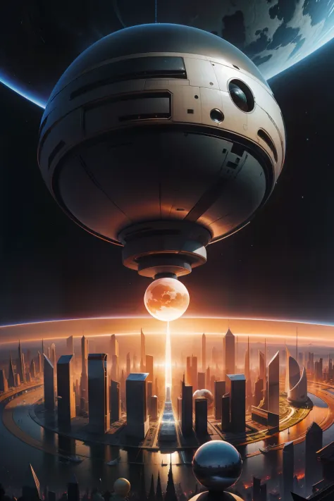 A giant spherical alien base rammed towards the human city，People fled。
