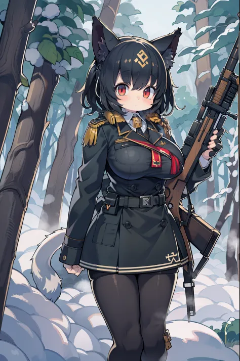 snowy forest, Black hair, Cat ears, Cat Girl, Red Eyes, Kneeling, Nazi officer uniform, Nazi, Germany, Black Officer Uniform,huge-breasted、Giant Sniper Rifle、Overhead view