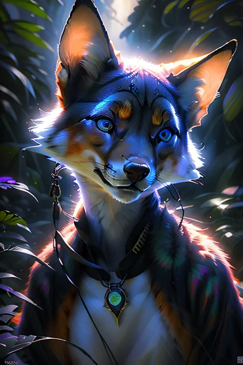 antro raposa realista de cores vivas iriscente com olhos brilhantes e cauda brilhante, ultra realistic antropomorph ethereal fox...