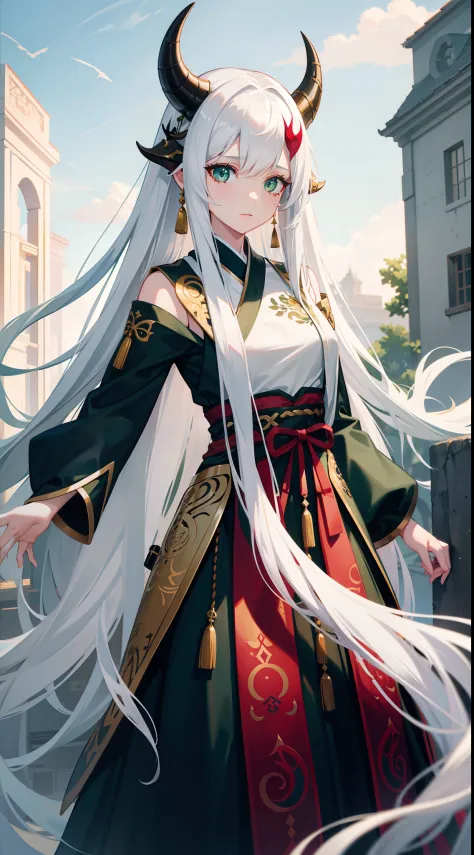 adult girl, Long white hair, Working with a horn, Green eyes, dragon tattoo, A cyborg, Hanfu, Masterpiece, hiquality