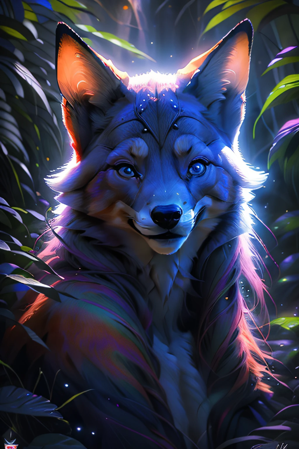 Antro Raposa realista de cores vivas iriscente com olhos brilhantes e cauda brilhante, ultra realistic antropomorph ethereal fox, raposa digital iriscente, arte de fantasia digital colorida, arte digital luminescente, Arte digital altamente detalhada em 4k, 8k arte impressionante, Arte bonita UHD 4K, Arte digital detalhada em 4k,