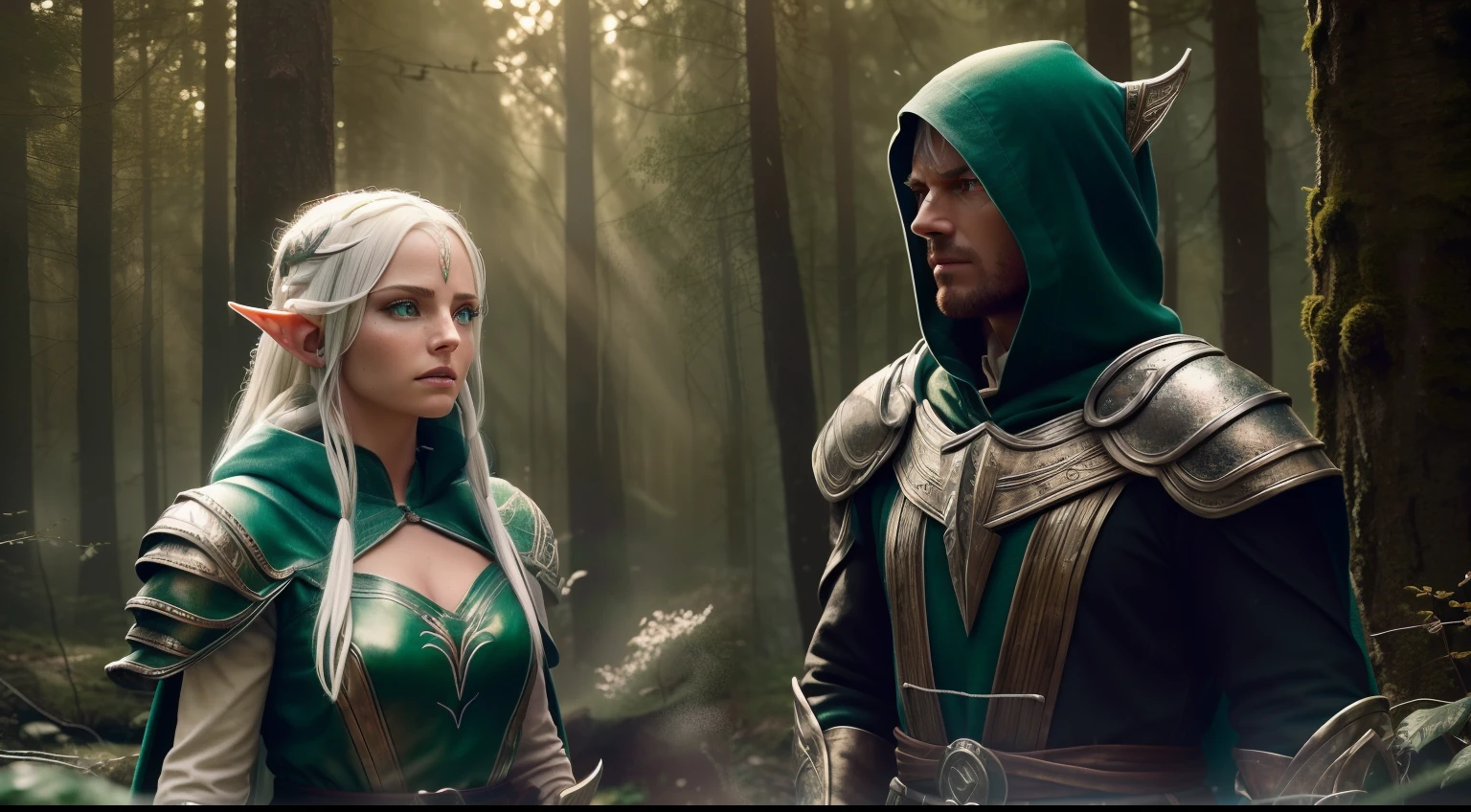 duo: Elven female ( white colored hair, Green eyes )Squatting ( concerned: 1,3 ) , Elven female( white colored hair, Cyan eyes ) Squatting, vibe ( With Skyrim in the background, woods ) ( letho ) ( Firefly: 1,2) ( Wear magical cloaks with a hood ) insane details, beautifully color-graded, Unreal engine, Depth of field, extra high resolution, megapixel, Cinematic Lightning, Smoothing, insanely detailed and intricate , Hyper maximalist, hyper realistic, volumetric, Photorealistic, ultra photorealistic, ultra- detailed, intricate details, 8K, Super detailed , Full color, voluminous lighting, HDR, Realistic, Unreal engine, 16k, sharp-focus, Octane Render, RTX. Incredibly detailed faces, Incredible fingers, Unbelievable eyes, Incredible hair, Incredible hands ( Incredible nature, drops, the wind, Sun, Birds, rays )