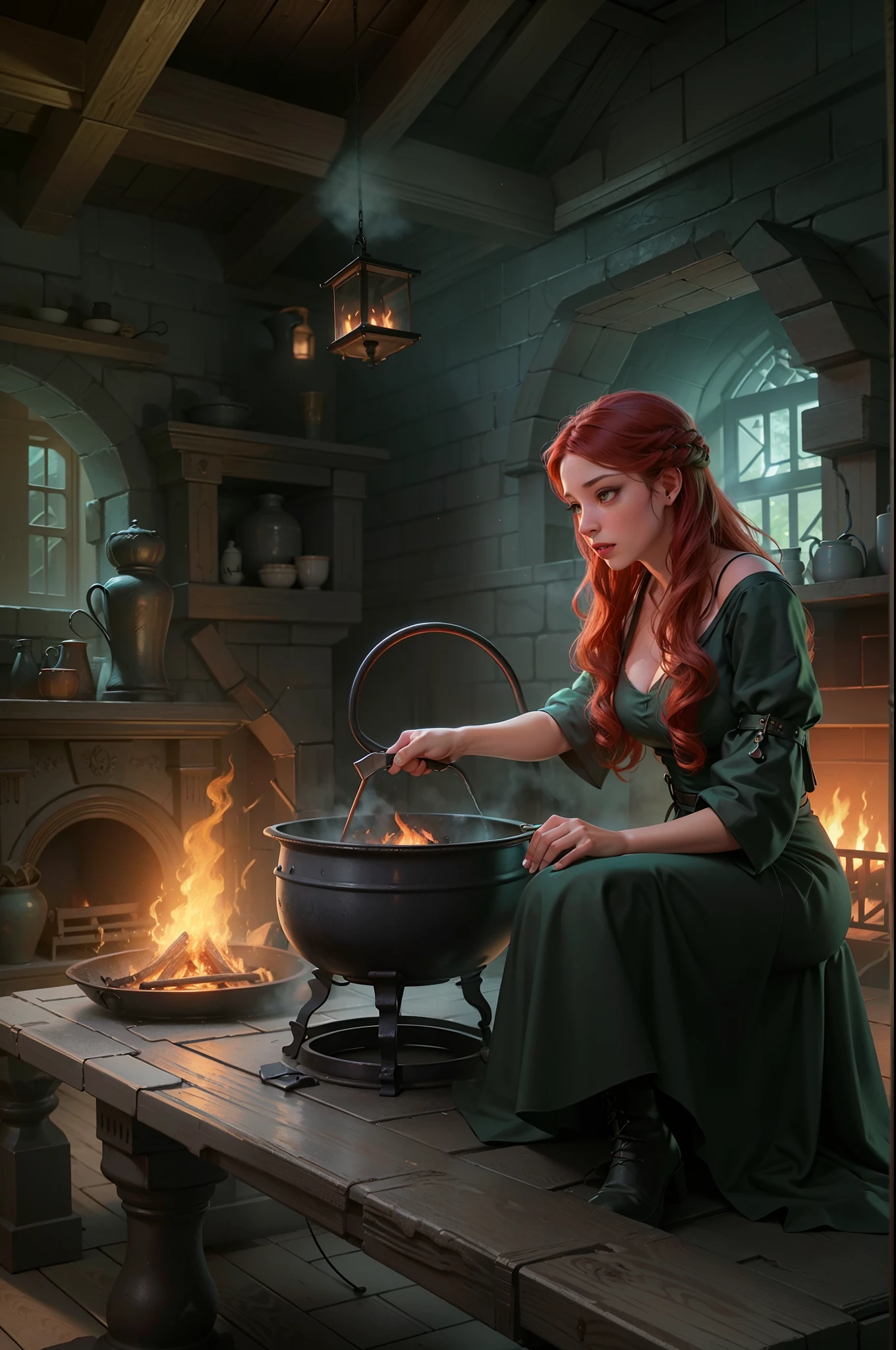 high details, best quality, 16k, RAW, [best detailed], masterpiece, best quality, (extremely detailed), full body (best details, Masterpiece, best quality), , ultra wide shot, photorealistic, fantasy art, RPG art, D&D art, a picture of a woman, witch brweing dark matter over big cauldron in the fire place, middle aged woman, exquisite beautiful woman (best details, Masterpiece, best quality), ultra detailed face (best details, Masterpiece, best quality), red hair, long hair, wavy hair, dynamic eye color, pale skin, green dress (best details, Masterpiece, best quality), wearing black boots, large boilng cauldron, black cauldron, green mists GlowingRunes_green, coming from cauldron, a stove, middles ages house background, dim fire light, High Detail, Ultra High Quality, High Resolution, 16K Resolution, Ultra HD Pictures, 3D rendering Ultra Realistic, Clear Details, Realistic Detail, Ultra High Definition Waiting to start