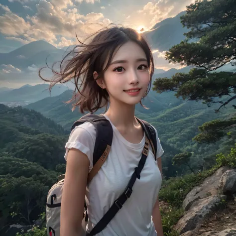 best quality, masterpiece, ultra high res, (photorealistic:1.3), RAW photo, (Naturescape photography), (Magnificent mountain, sea of clouds), (On a very high mountain peak), (sunset), 
(1girl), (upper body), (20 year old), (smile:0.9), (shiny skin), (short...