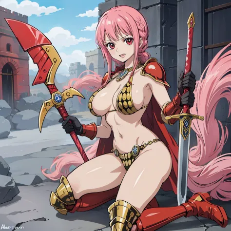 Greedy figure Alexander Rose - Blood angel from the fantasy universe of Power Rangers, 1girl in, sheild, Sword, arma, Solo, Bikini Armor, Pink hair, armor, breasts, Large breasts, long boots
