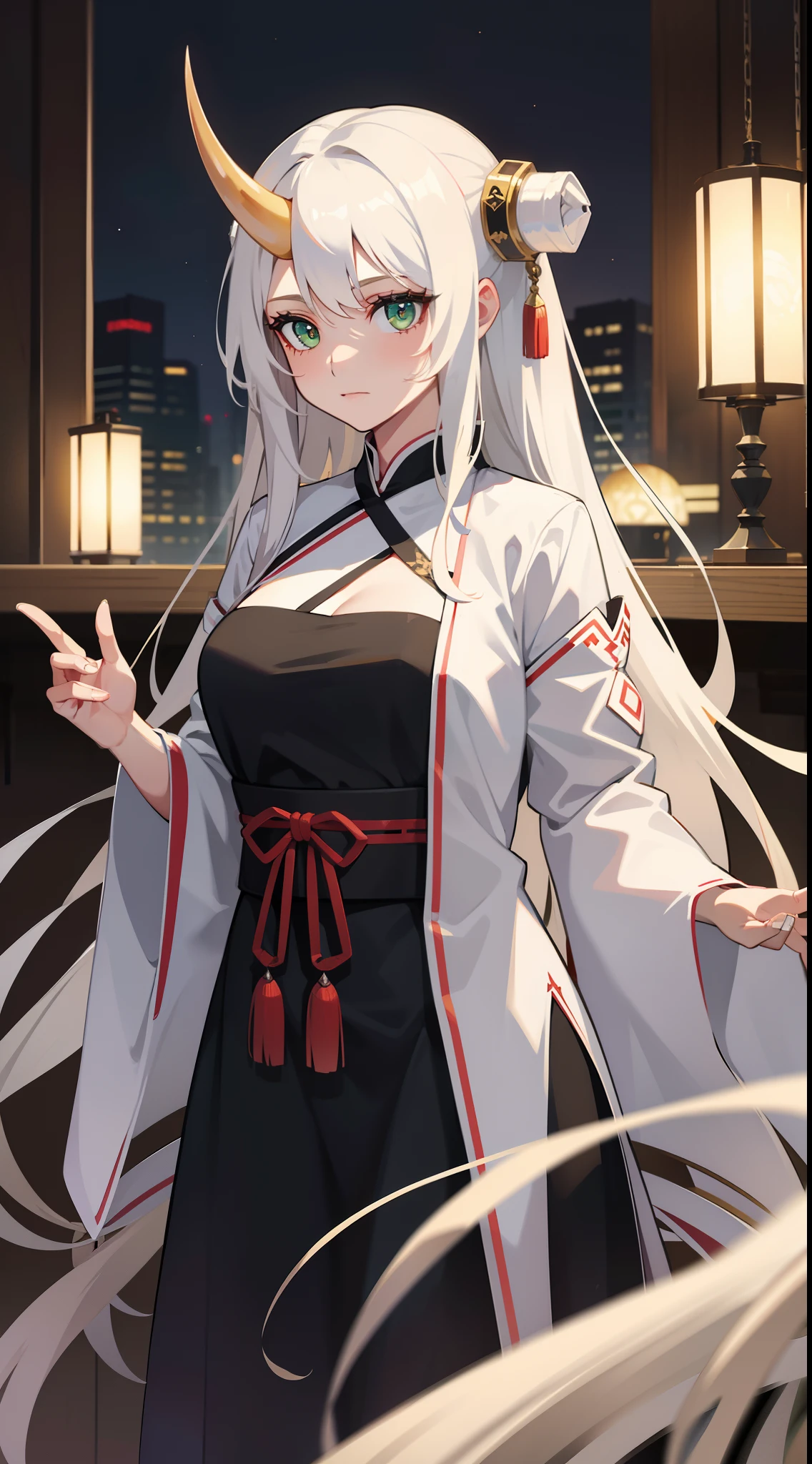 adult girl, Long white hair, Working with a horn, Green eyes, dragon tattoo, A cyborg, Hanfu, Masterpiece, hiquality