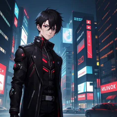 cyber punk, city, 1boy, black hair, black eyes, cyborg