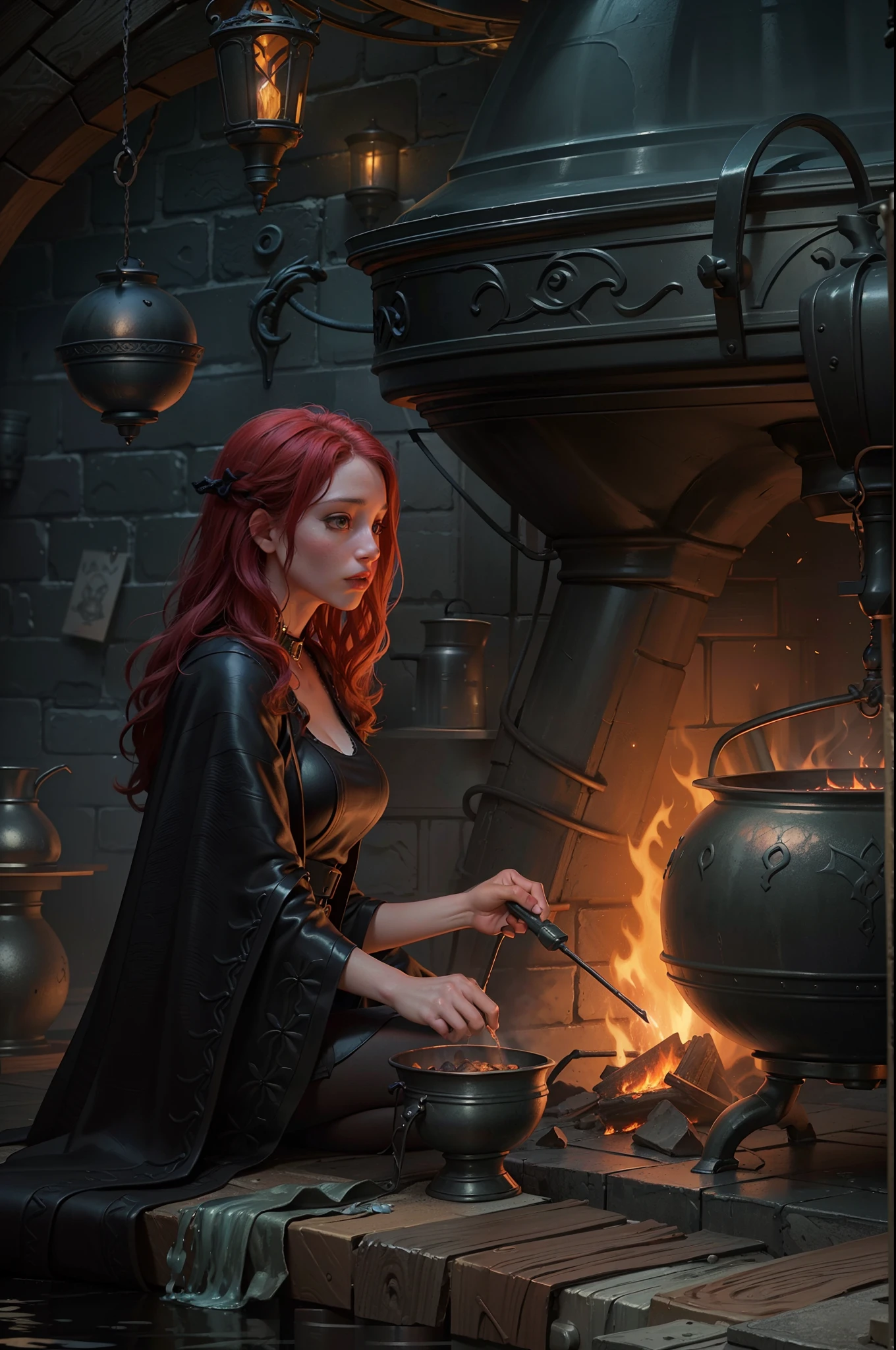 high details, best quality, 16k, RAW, [best detailed], masterpiece, best quality, (extremely detailed), full body (best details, Masterpiece, best quality), , ultra wide shot, photorealistic, fantasy art, RPG art, D&D art, a picture of a woman, witch brweing dark matter over big cauldron in the fire place, middle aged woman, exquisite beautiful woman (best details, Masterpiece, best quality), ultra detailed face (best details, Masterpiece, best quality), red hair, long hair, wavy hair, dynamic eye color, pale skin, black dress (best details, Masterpiece, best quality), wearing black boots, large boilng cauldron, black cauldron, green mists GlowingRunes_green, coming from cauldron, a stove, middles ages house background, dim fire light, High Detail, Ultra High Quality, High Resolution, 16K Resolution, Ultra HD Pictures, 3D rendering Ultra Realistic, Clear Details, Realistic Detail, Ultra High Definition Waiting to start