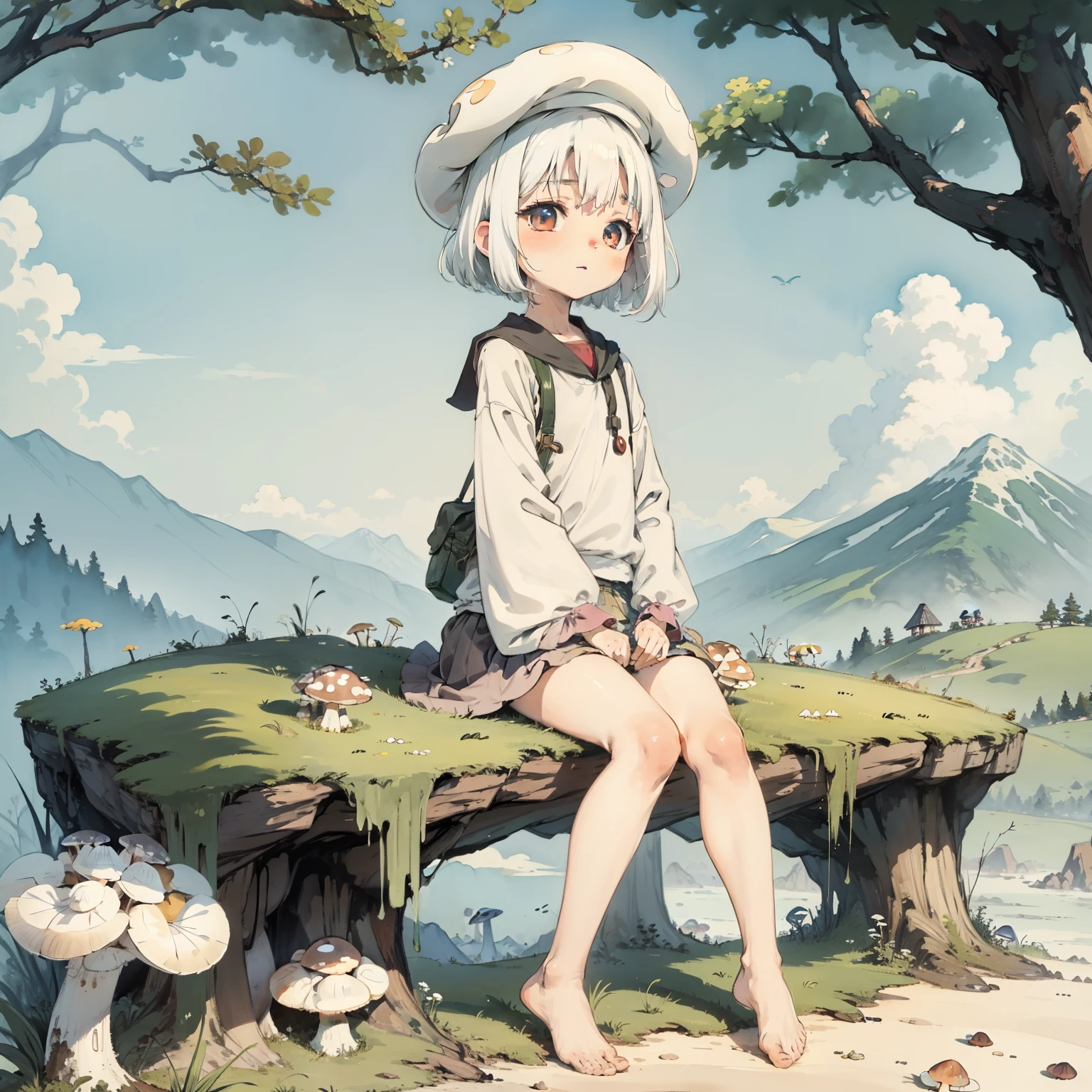 Explore the kingdom of psychedelic and fantasy mushrooms，Huge mushrooms，Watercolor illustration, Perfect anatomy, Masterpiece, Best quality, 1girll, Loli,elementary student， Solo, (with short white hair:1.2),Nature, landscape，tiny feet, Sit on mushrooms，Soar into the sky