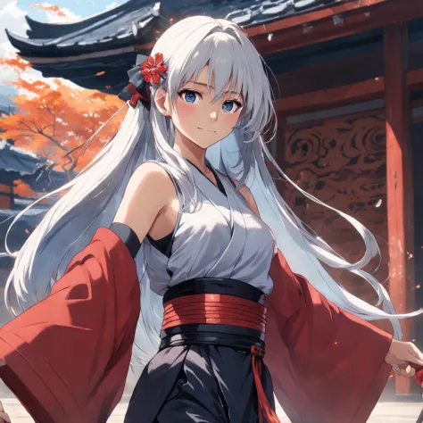 masterpiece, best quality, Japanese style scene, young woman with long white hair, , smiling gently, blue eyes, earing a Black sleeveless croptop and a Hakama pants, wearing Hanafuda earings, holding a black and red Katana, ancient (sparks:0.7)