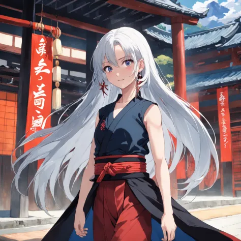 masterpiece, best quality, Japanese style scene, young woman with long white hair, , smiling gently, blue eyes, earing a Black sleeveless croptop and a Hakama pants, wearing Hanafuda earings, holding a black and red Katana, ancient (sparks:0.7)