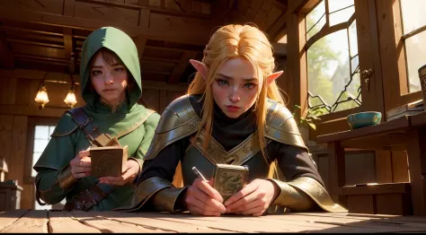 duo: Elven female ( Golden hair, Green eyes )Squatting ( concerned: 1,3 ) , Elven female( Golden hair, Cyan eyes ) Squatting, vi...