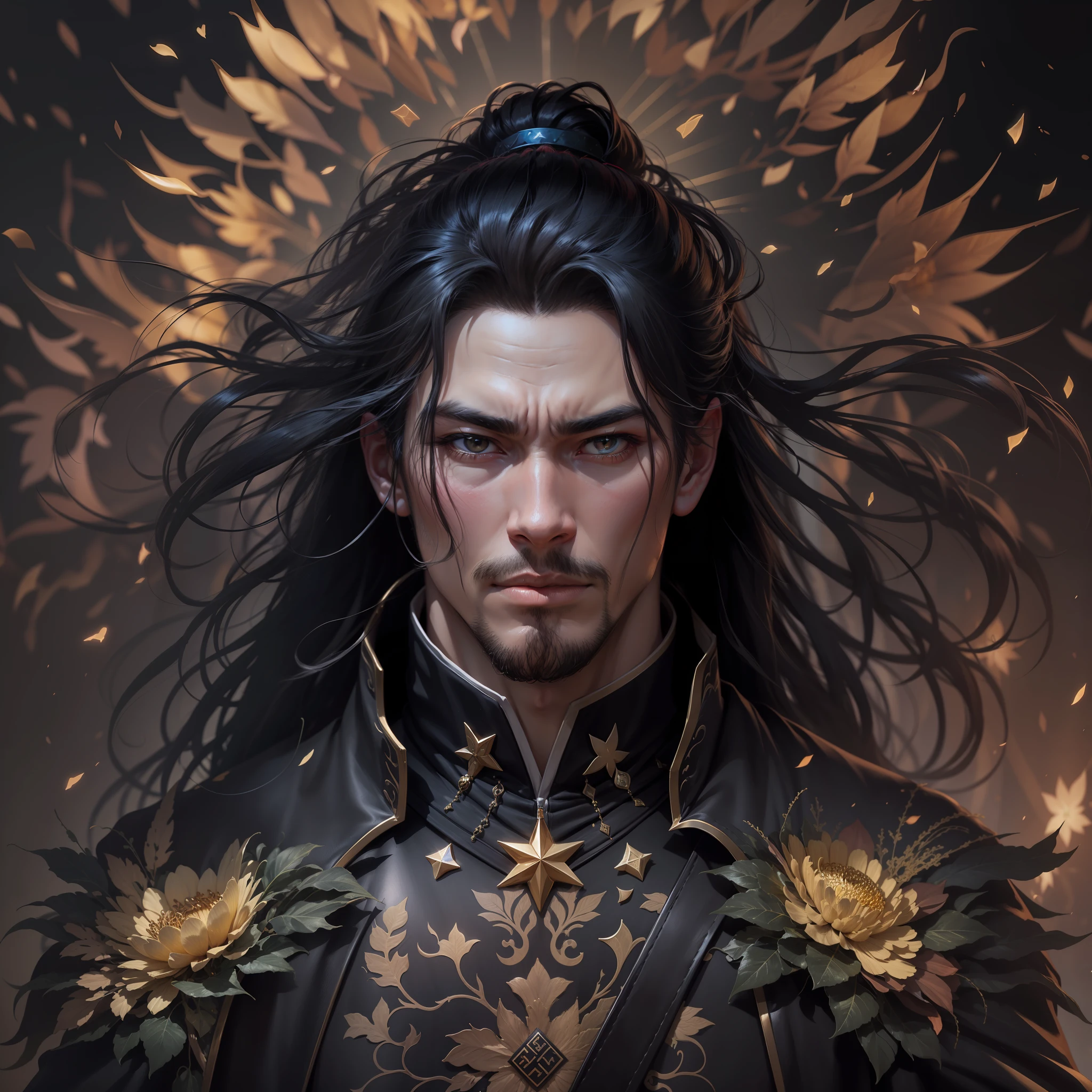 grown up, Mature man 35 years old.
European facial features. volitional, Companies in China. Dark Big, Oriental eyes.
Black long hair gathered in a Chinese ponytail.
ah high, muscular. 
Dressed in a black leather cloak, with metal shoulder pads. In his right hand he holds a sword, the left one is raised above the head and a chrysanthemum flower sparkles in it, What scatters star rays.
fantasy world.  Blend of black gold, Gold Pattern, Dragon Pattern Road, prince, palace.  Lightning effect.