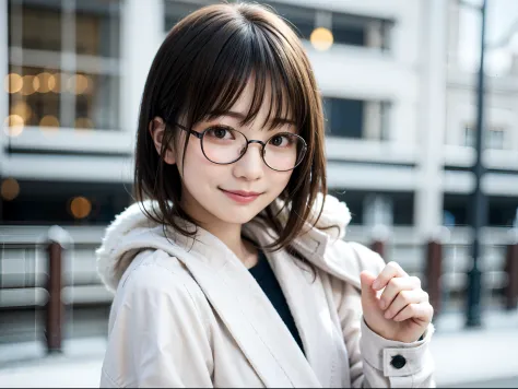 Woman posing in long coat in Japan city in midwinter、top-quality、女の子 1 人、Small chest、tag、with light glowing、blur backgroun、Bokeh、outside of house、(Street:0.8)、Woman with glasses、Glasses with a thin frame、Round lens glasses、Thin golden glasses frame、、Luxury...