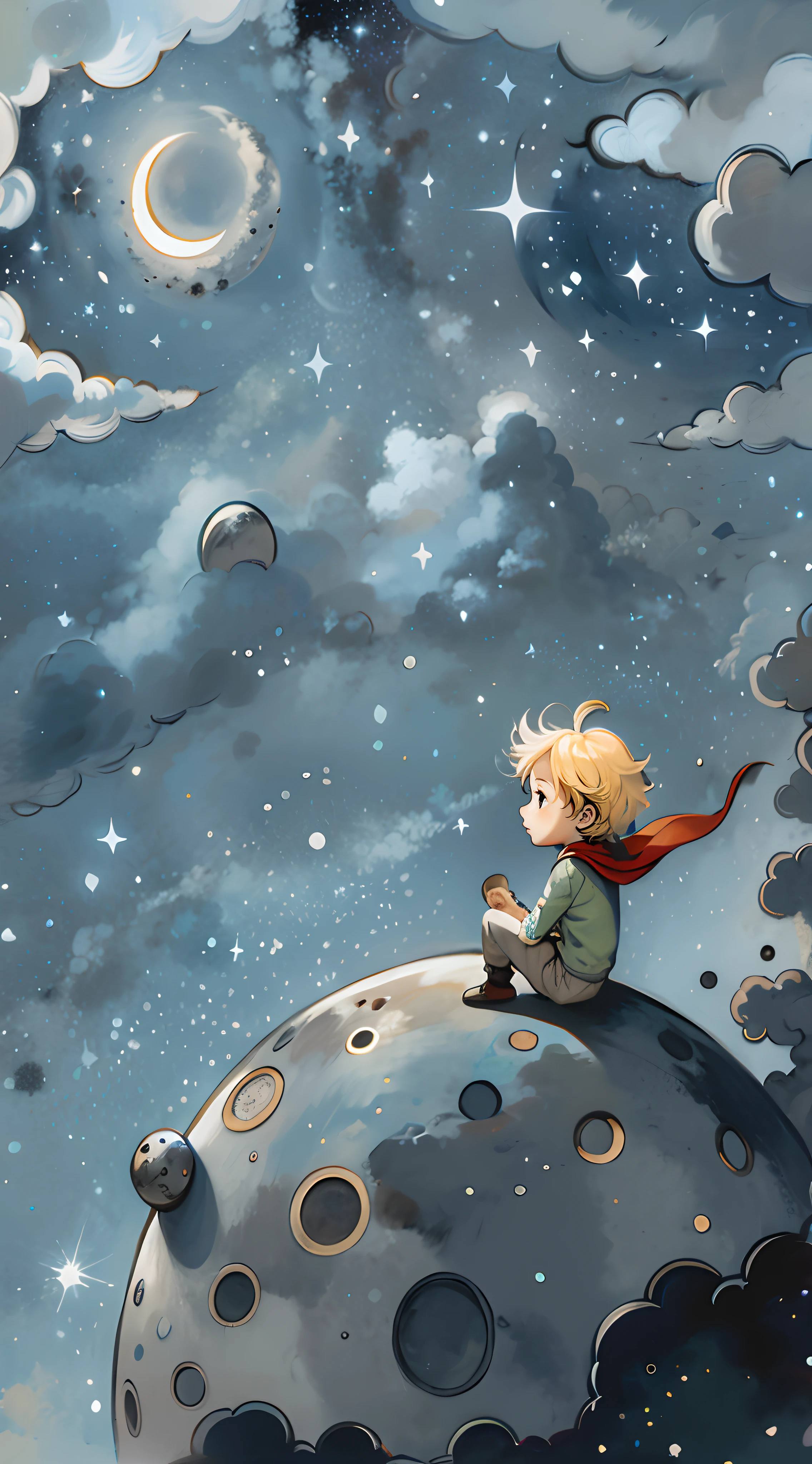 there is a boy sitting on a moon with a cape on, the little prince, sitting on the cosmic cloudscape, sitting on a moon, illustration for children, children’s book illustration, children's book illustration, children book illustration, children's illustration, childrens book illustration, childrenbook illustration, kids book illustration, illustration!, epic full color illustration, full color illustration