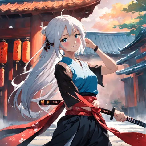 masterpiece, best quality, Japanese style scene, 20 years old woman with long white hair, , smiling gently, blue eyes, earing a Black sleeveless croptop and a Hakama pants, wearing Hanafuda earings, holding a black and red Katana, ancient (sparks:0.7)