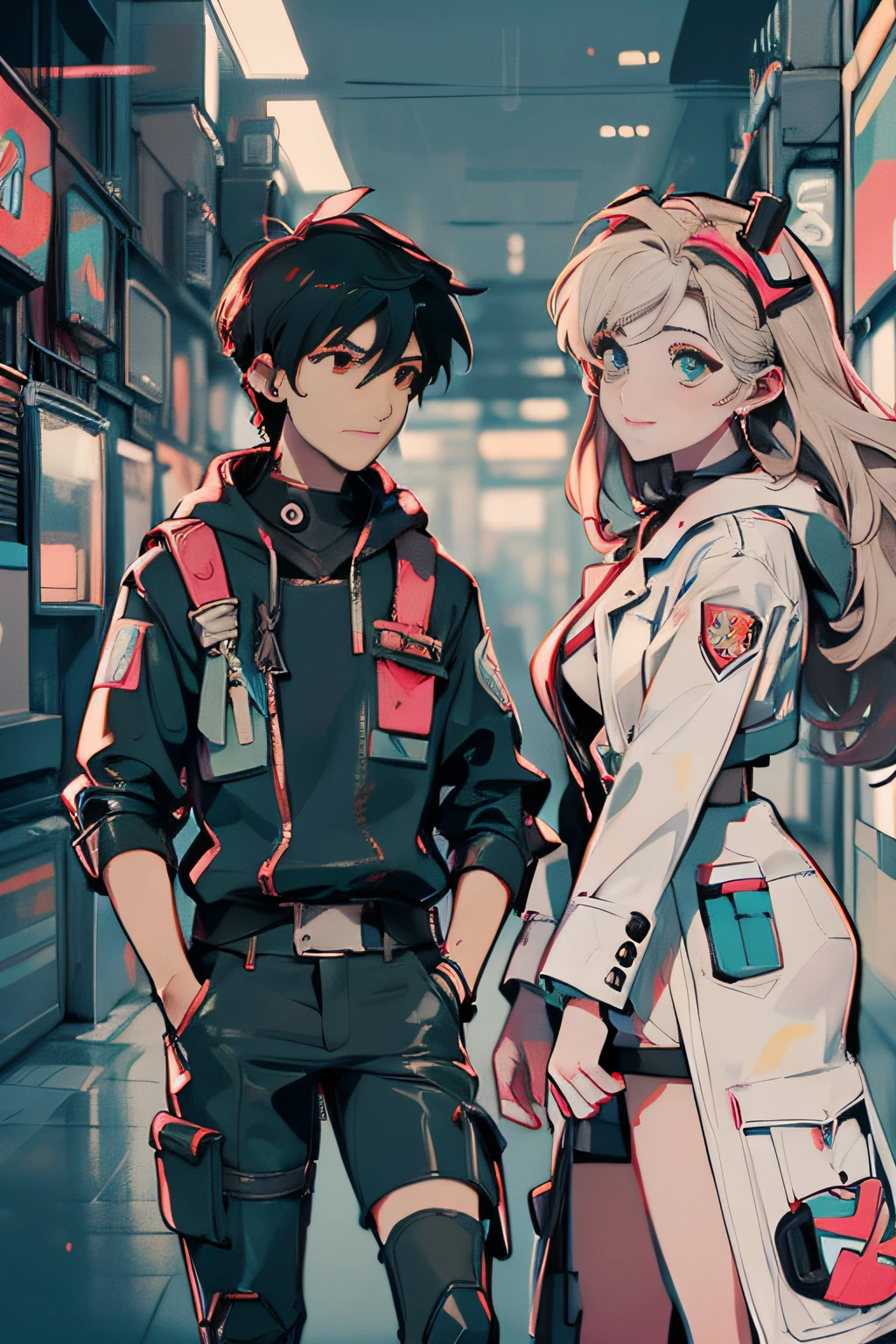 Full-length Unreal Engine 5 8K UHD image of 2 beautiful women, Forest green curly hairstyle, in a black Evangelion suit, half face cyberpunk mask, futuristic collar around the neck, green neon light details Sacramento, Cyberpunk-city, Dating a beautiful boy, beste-Qualit, tmasterpiece