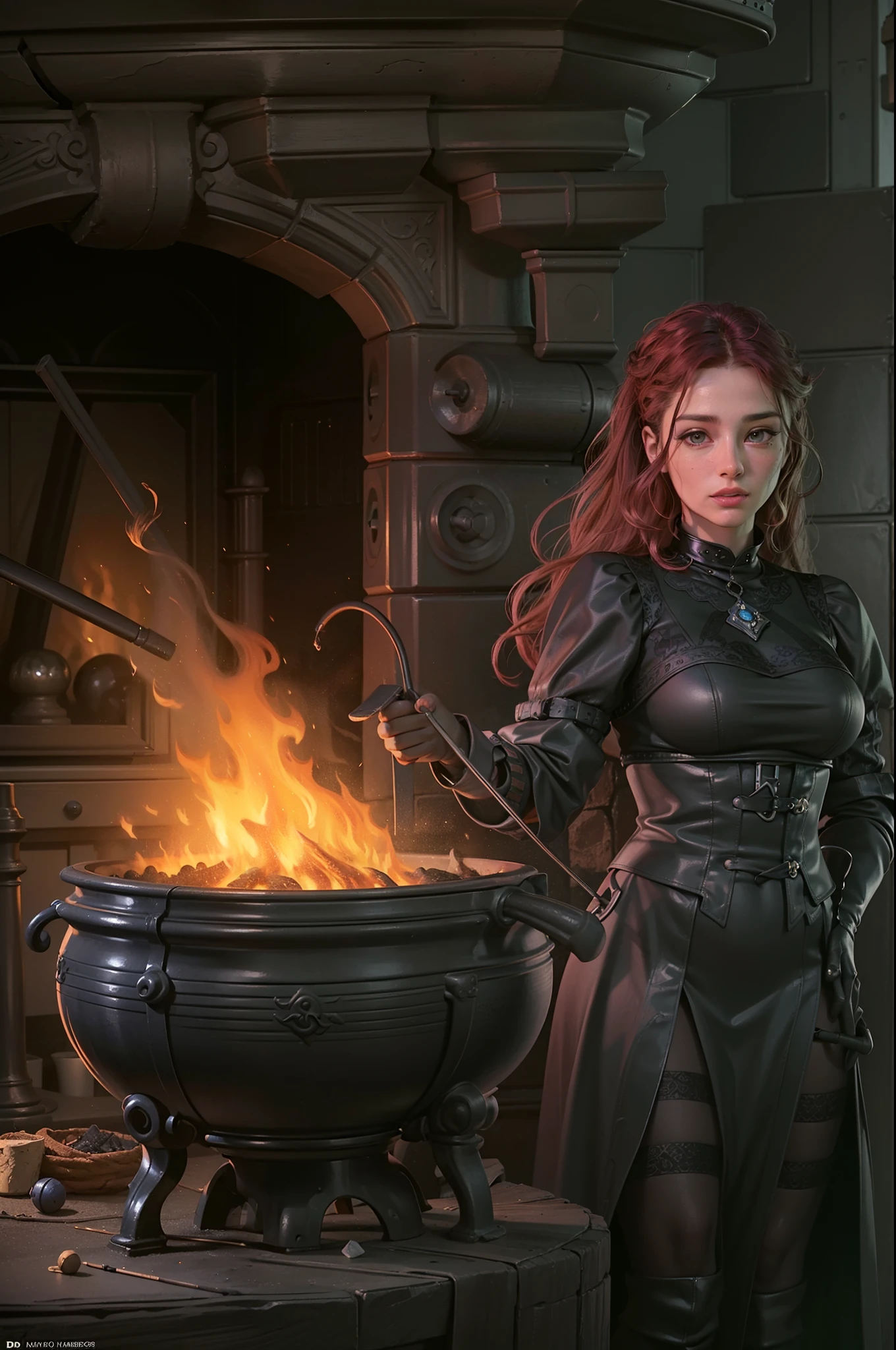 high details, best quality, 16k, RAW, [best detailed], masterpiece, best quality, (extremely detailed), full body (best details, Masterpiece, best quality), , ultra wide shot, photorealistic, fantasy art, RPG art, D&D art, a picture of a woman, witch brweing dark matter over big cauldron in the fire place, middle aged woman, exquisite beautiful woman (best details, Masterpiece, best quality), ultra detailed face (best details, Masterpiece, best quality),evil grin, red hair, long hair, wavy hair, dynamic eye color, pale skin, black dress (best details, Masterpiece, best quality), wearing black boots, large boilng cauldron, black cauldron, green mists magic mists, coming from cauldron, a stove, middles ages house background, dim fire light, High Detail, Ultra High Quality, High Resolution, 16K Resolution, Ultra HD Pictures, 3D rendering Ultra Realistic, Clear Details, Realistic Detail, Ultra High Definition Waiting to start