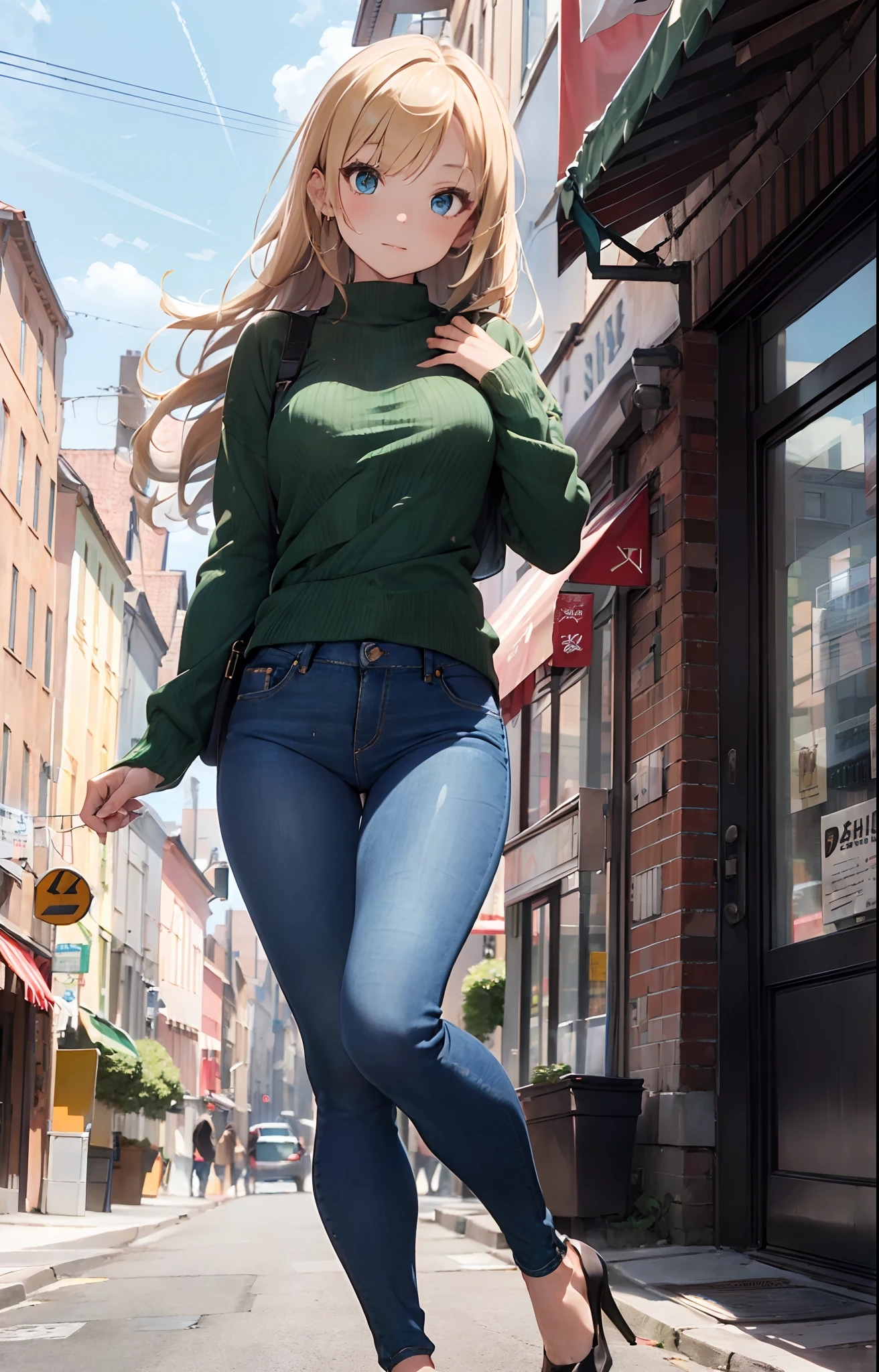 Anime girl in green shirt and jeans walking down a street - SeaArt AI