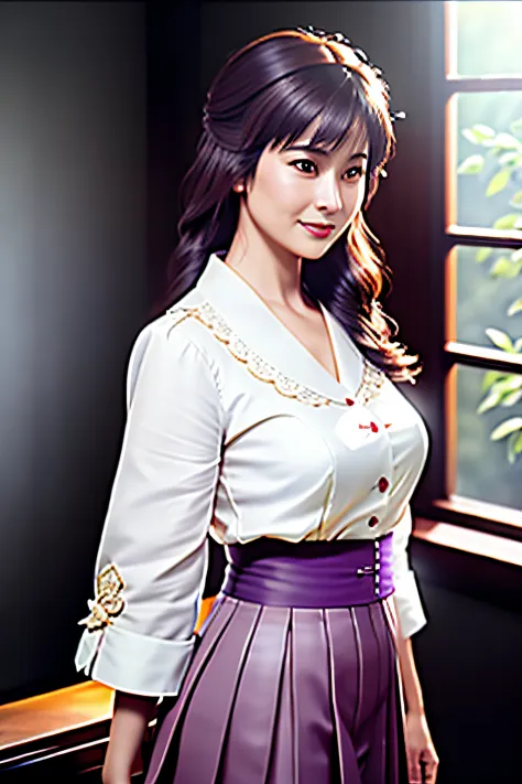 Beautiful woman standing， mature， Delicate rattlehead， Short purple skirt， Chiffon shirts have no buttons， Chest exposure， to contrast， textur， hentail realism， high qulity， filmgrain， Fujifilm XT3， insanely details， Complicated details， hyper-detailing， S...