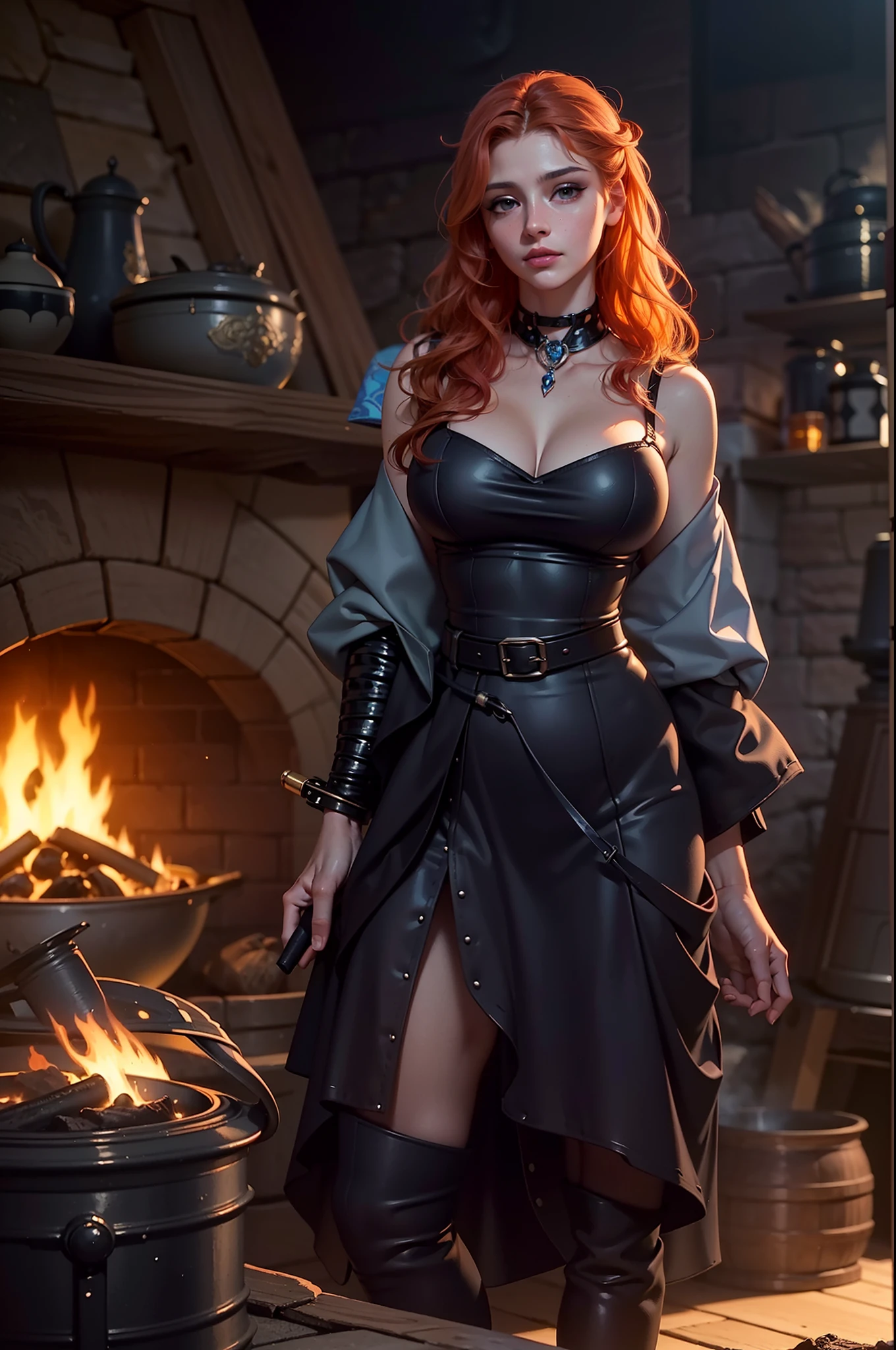 high details, best quality, 16k, RAW, [best detailed], masterpiece, best quality, (extremely detailed), full body (best details, Masterpiece, best quality), , ultra wide shot, photorealistic, fantasy art, RPG art, D&D art, a picture of a woman, witch brweing dark matter over big cauldron in the fire place, middle aged woman  (best details, Masterpiece, best quality), exquisite beautiful woman (best details, Masterpiece, best quality), ultra detailed face (best details, Masterpiece, best quality), evil grin, red hair, long hair, wavy hair, dynamic eye color, pale skin, black dress (best details, Masterpiece, best quality) NeroV2, wearing black boots, large boilng cauldron, NeroV2 black cauldron, green mists, coming from cauldron, a stove, middles ages house background, dim fire light, High Detail, Ultra High Quality, High Resolution, 16K Resolution, Ultra HD Pictures, 3D rendering Ultra Realistic, Clear Details, Realistic Detail, Ultra High Definition Waiting to start
