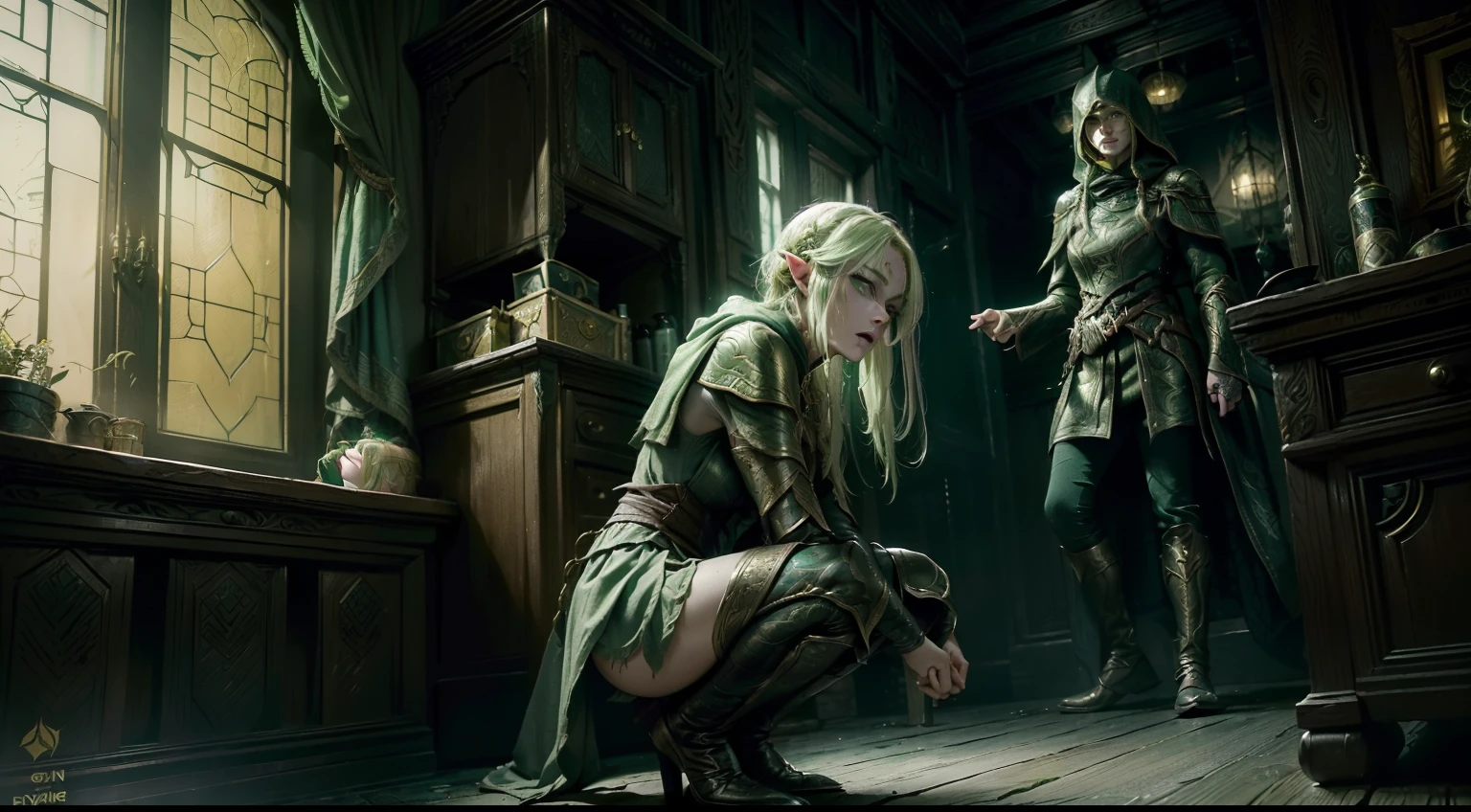 duo: Elven female ( Golden hair, Green eyes )Squatting ( commotion: 1,3 ) , Elven female( Golden hair, Cyan eyes ) Squatting, Scary atmosphere (( In a house from Skyrim, Stealing things)) (Add characters, stealing from the chest) ( Wear magical cloaks with a hood ) (((( Illegally snuck into the house )))) ((Medieval times )) ( Bad ) ((( the night ))) (( Dark time of day )) (( Confusion )) (( Crime ))