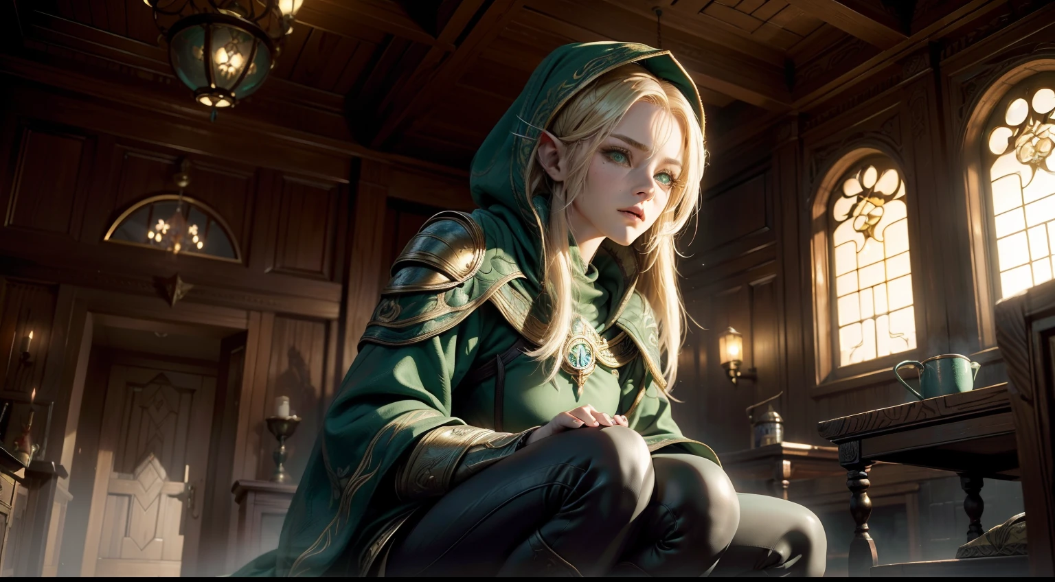 duo: Elven female ( Golden hair, Green eyes )Squatting ( commotion: 1,3 ) , Elven female( Golden hair, Cyan eyes ) Squatting, Scary atmosphere (( In a house from Skyrim, Stealing things)) (Add characters, stealing from the chest) ( Wear magical cloaks with a hood ) (((( Illegally snuck into the house )))) ((Medieval times )) ( Bad ) ((( the night ))) (( Dark time of day )) (( Confusion )) (( Crime )) sharp-focus, Octane Render, RTX. Incredibly detailed faces, Incredible fingers, Unbelievable eyes, Incredible hair, Incredible hands