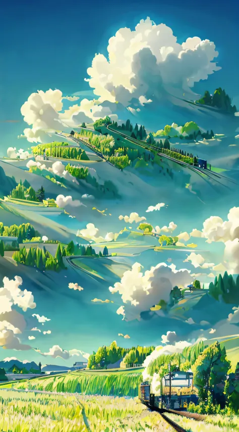 there is a train that is going down the tracks in the field, anime countryside landscape, made of tree and fantasy valley, scenery art detailed, beautifull puffy clouds. anime, detailed scenery —width 672, anime landscape wallpaper, anime landscape, studio...