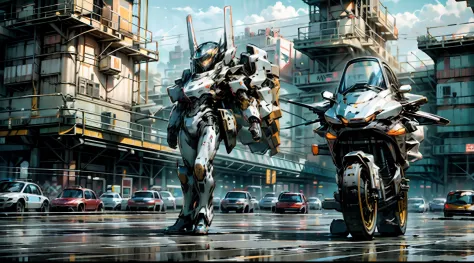 A mechanical police judge stands in the square，4 police cars around，(Futuristic police car)，Police badge，Armed with a police gun...