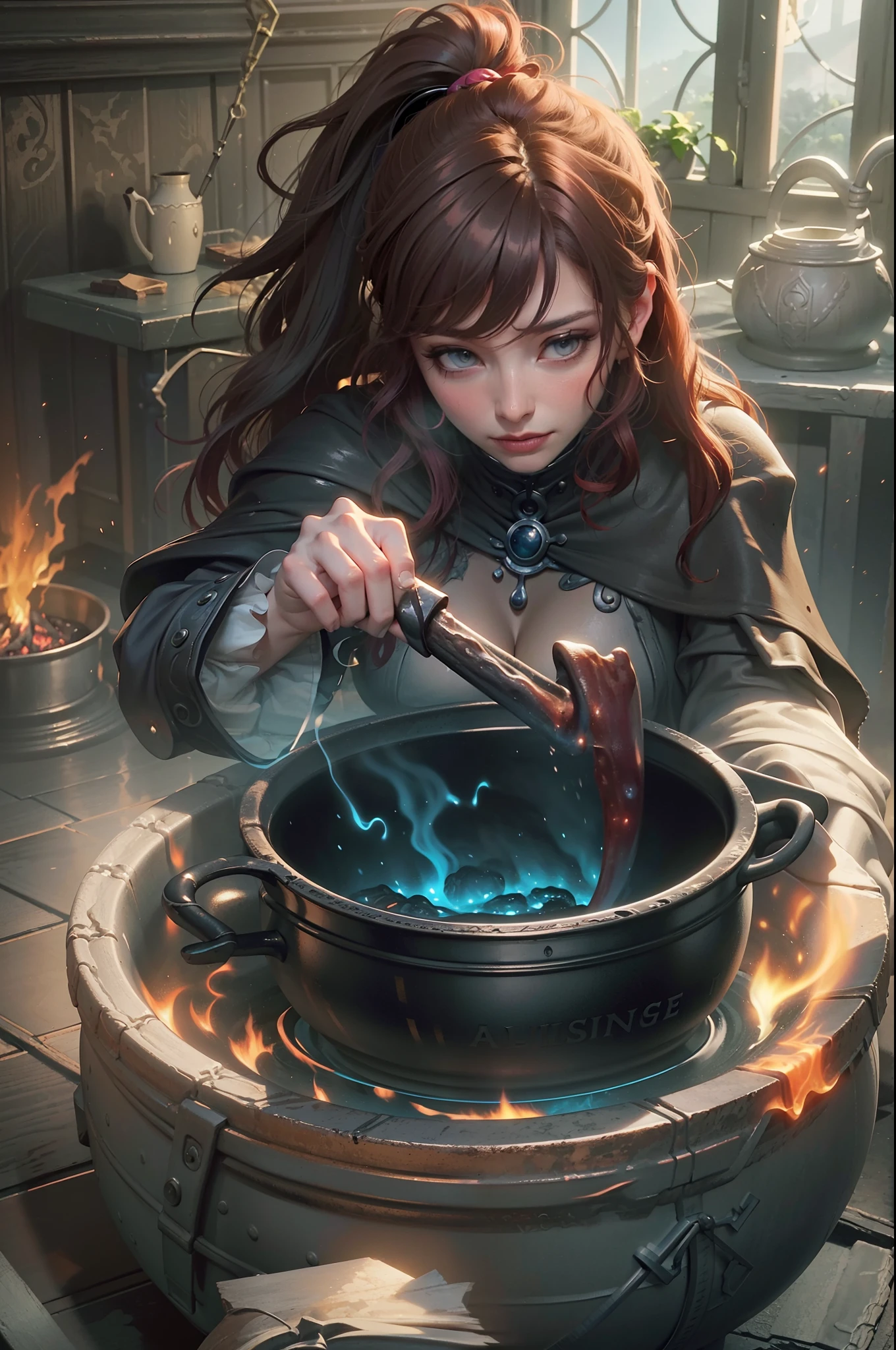 high details, best quality, 16k, RAW, [best detailed], masterpiece, best quality, (extremely detailed), full body (best details, Masterpiece, best quality), , ultra wide shot, photorealistic, fantasy art, RPG art, D&D art, a picture of a woman, witch brweing dark matter over big cauldron in the fire place, middle aged woman  (best details, Masterpiece, best quality), exquisite beautiful woman (best details, Masterpiece, best quality), ultra detailed face (best details, Masterpiece, best quality), evil grin, red hair, long hair, wavy hair, dynamic eye color, pale skin, black dress (best details, Masterpiece, best quality), wearing black boots, large boilng cauldron, black cauldron, blut mists, blue magic coming from cauldron, GlowingRunes_palebluea stove, middles ages house background, dim fire light, High Detail, Ultra High Quality, High Resolution, 16K Resolution, Ultra HD Pictures, 3D rendering Ultra Realistic, Clear Details, Realistic Detail, Ultra High Definition Waiting to start