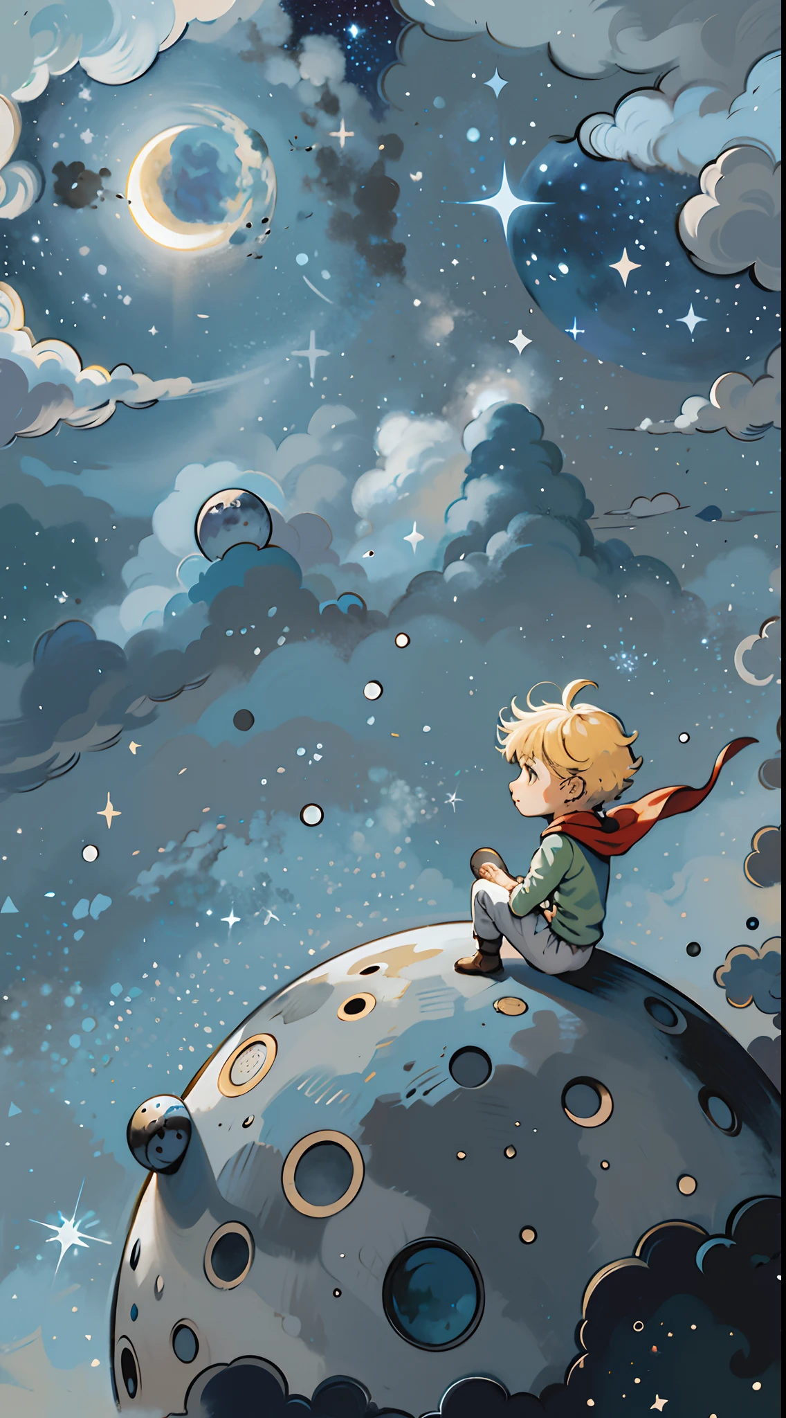 there is a boy sitting on a moon with a cape on, the little prince, sitting on the cosmic cloudscape, sitting on a moon, illustration for children, children’s book illustration, children's book illustration, children book illustration, children's illustration, childrens book illustration, childrenbook illustration, kids book illustration, illustration!, epic full color illustration, full color illustration