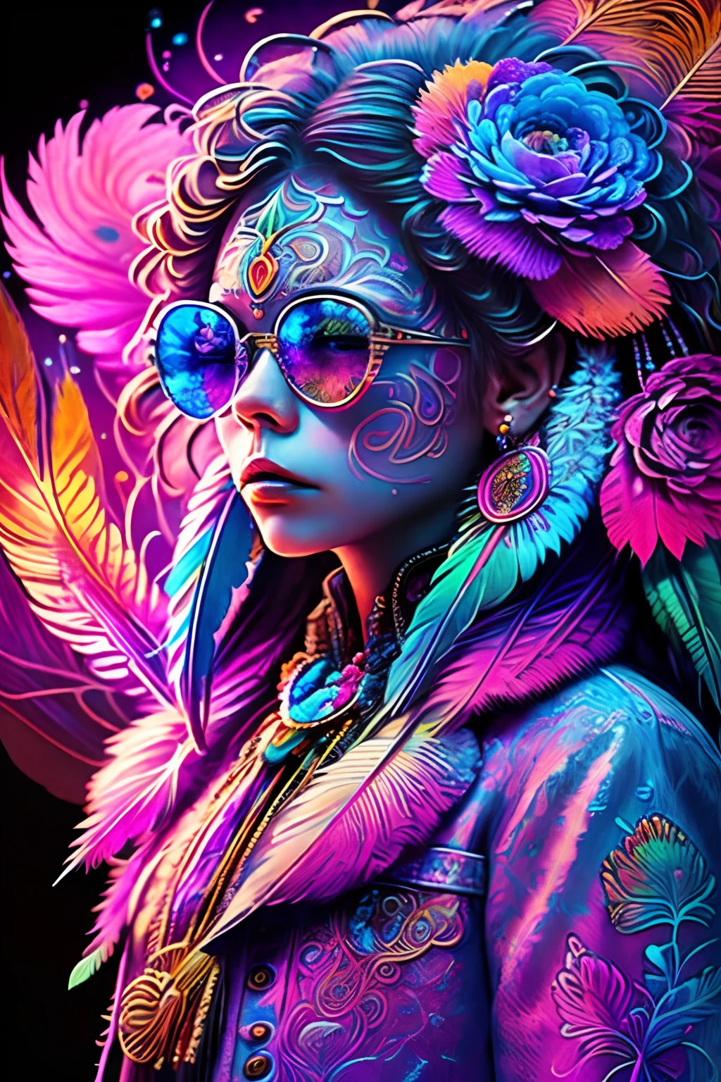 rifstyle2 (masterpiece, top quality, best quality, official art, beautiful and aesthetic:1.2), (1girl:1.3), extremely detailed,(fractal art:1.1),(colorful:1.1)(flowers:1.3),highest detailed,(zentangle:1.2), (dynamic pose), (abstract background:1.3), (shiny skin), (many colors:1.4), ,(earrings), (feathers:1.5),