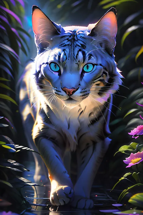 antro gato realista de cores vivas iriscente com olhos brilhantes e cauda brilhante, ultra realistic antropomorph ethereal cat, ...