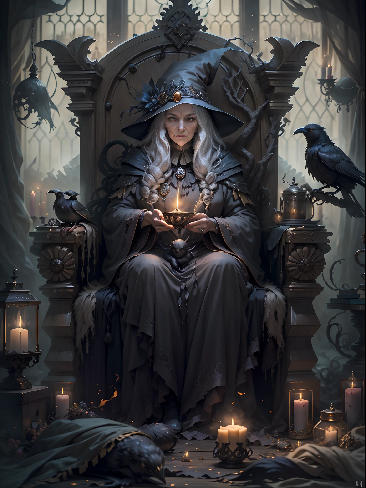 傑作，一個白髮蒼蒼的老巫婆，坐在卡迪勞椅上，她手裡拿著一隻索尼斯特烏鴉. 她是個巫師，蠟質蠟燭，明暗對比，手套，完美的手，官方藝術美學.暗風