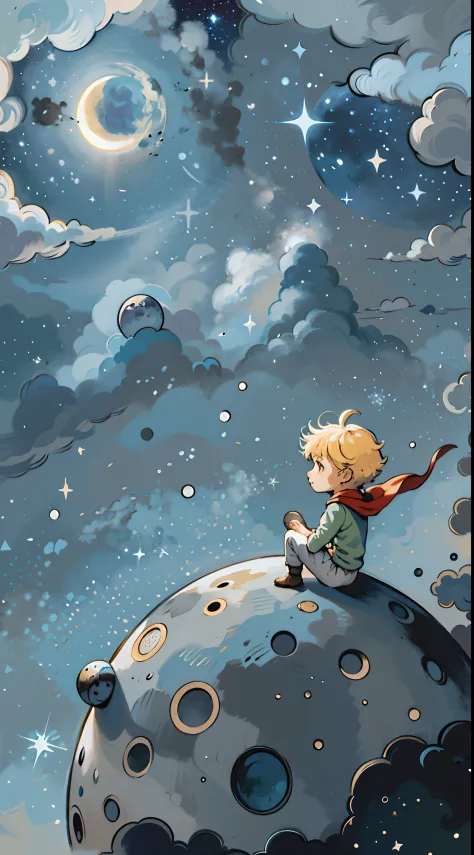 there is a boy sitting on a moon with a cape on, the little prince, sitting on the cosmic cloudscape, sitting on a moon, illustr...