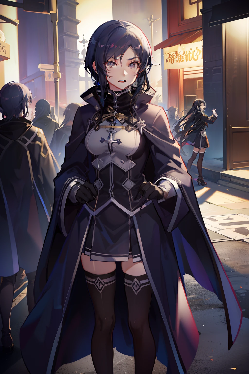 anime of a girl in a coat and cape, nanahoshi from mushoku tensei, nanahoshi, girl, inspired by nanahoshi mushoku tensei, happy, black hair, black eyes, dark eyes, cinematic art, beautiful woman, medium breasts, breasts, bountiful , beautiful art, wearing a suit, wearing a dark blue suit, dark blue tuxedo, in a city, wearing a dark suit, clothes is a suit, posh fancy wear, suit and tie, formal clothes different clothes, suit!, suit!!!, tie!, tie!!.