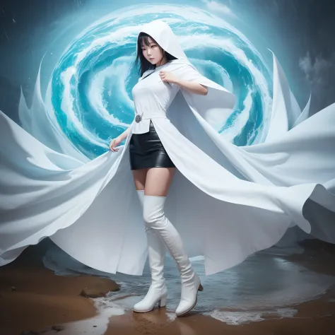 nature guardian typhoon woman wearing typhoon symbol uniform，white cloak, long white gloves on his hands, wear white knee-length...