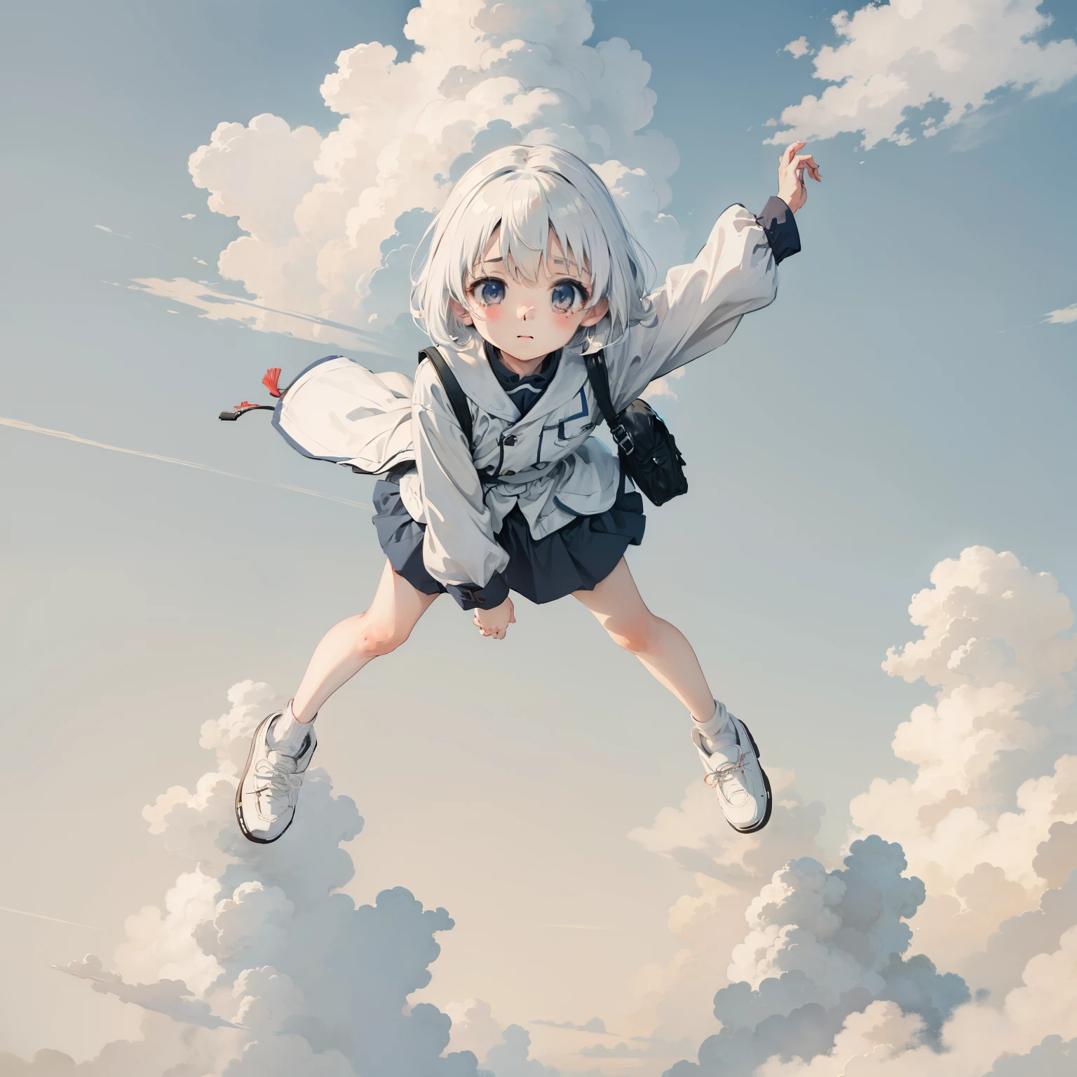 Above the white clouds，White clouds，City of Clouds， 1girll, Little girl flying over white clouds，Loli,elementary student， Solo, (with short white hair:1.2),