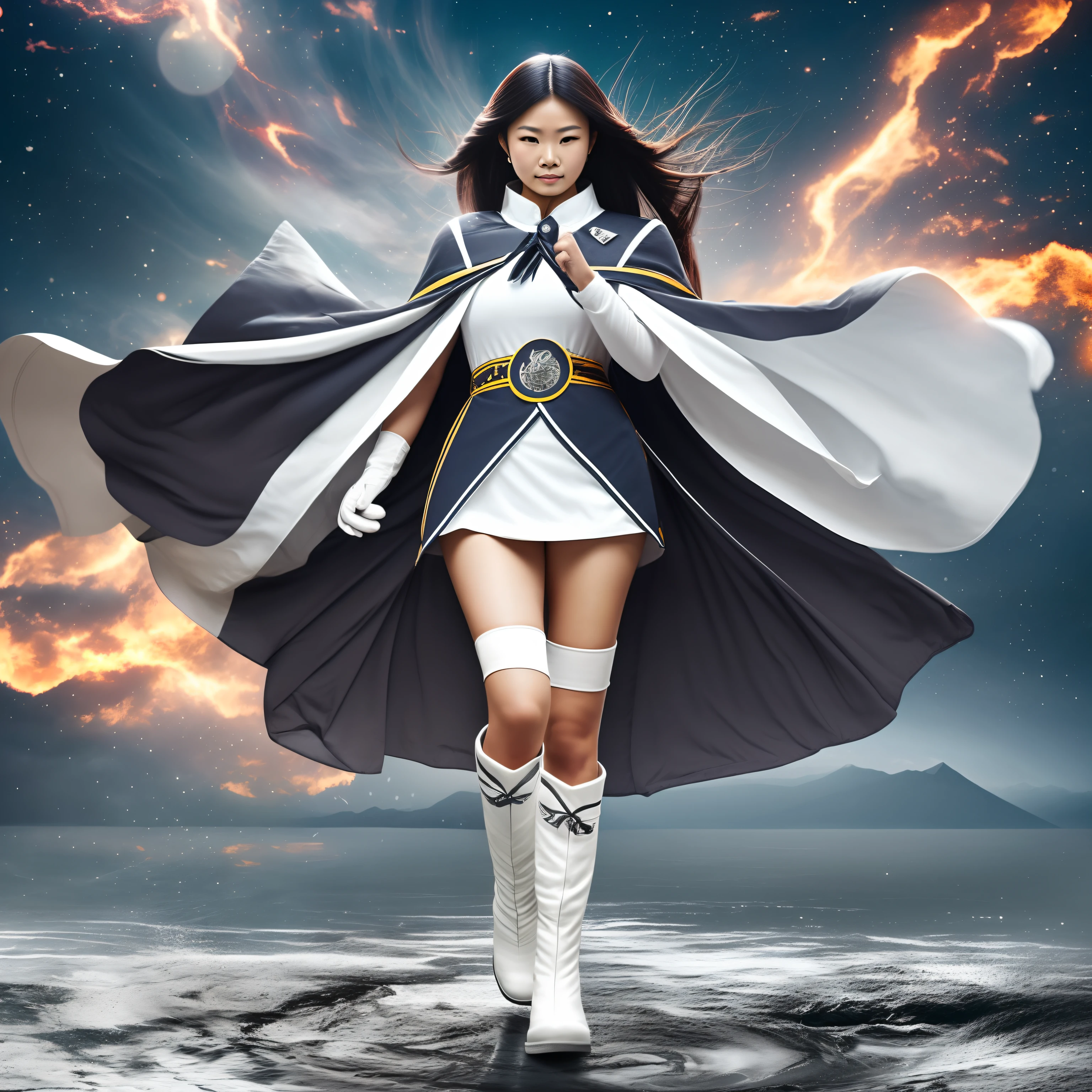 Nature guardian typhoon woman wearing typhoon symbol uniform，White cloak, Long white gloves on his hands, Wear white knee-length boots on her feet, Stand in a typhoon and release energy to shoot full body