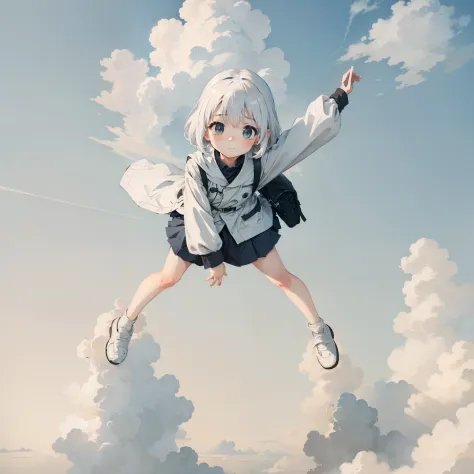 above the white clouds，white clouds，city of clouds， 1girll, little girl flying over white clouds，loli,elementary student， solo, ...