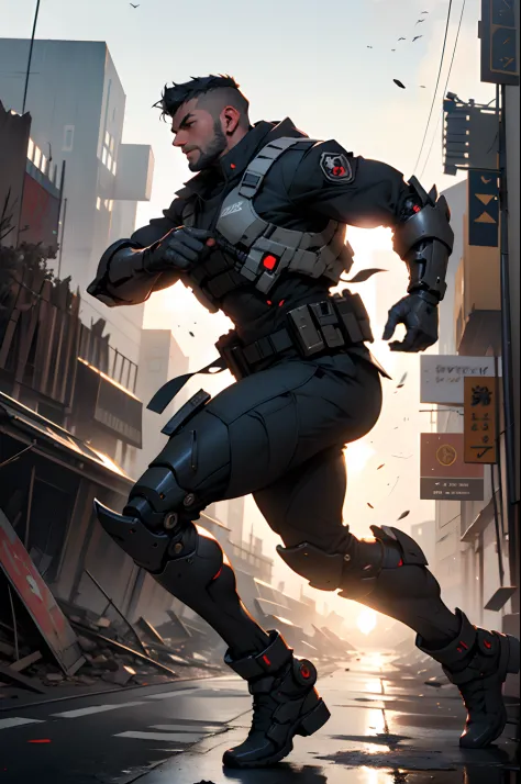1man, solo, a futuristic mature male soldier with iron black mechanical legs, wearing epTactical, running at high speed, battlef...