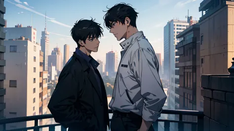 2 men male personality, two handsome male protagonists，anime couples meet on balconies and dormitories，it presents the style of ...