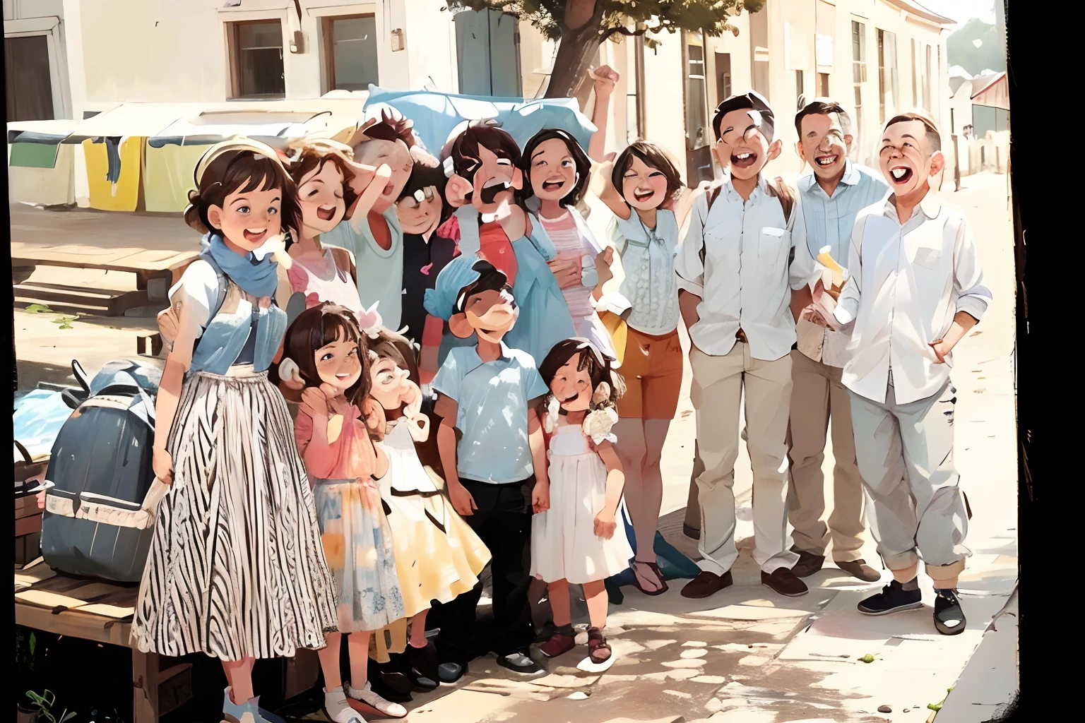 4 children - Pedro (menino), Sofia (Menina), Lucas (menino) e Clara (Menina) - vestidas com roupas coloridas e leves, smiling excitedly on a sunny beach by the sea. They hold an ancient map in their hands as they gaze at a majestic lighthouse in the background. Certifique-se de capturar a brisa do mar, The dancing waves and convey a sense of freedom and discovery.