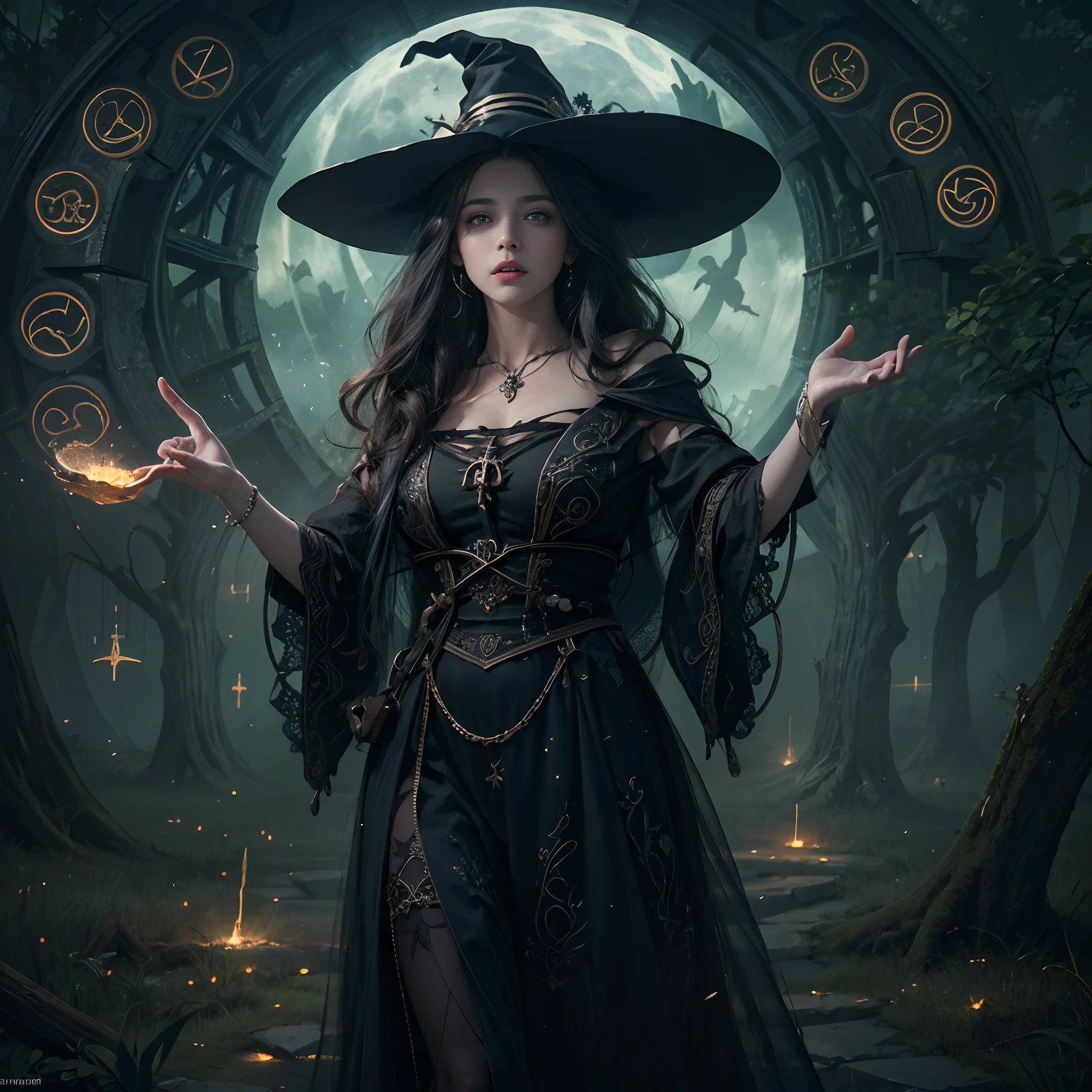 a beautiful modern witch with (witch hat), beautiful face and demonic eyes, facing the camera with grace, practicing her spells and performing a ritual in a mystical forest clearing, surrounded by ((glowing runes)) and ethereal spirits under a full moon, with her outstretched hands glowing with magical energy and a constellation of stars swirling around her, in background there is an ancient, ((crumbling tower, with winding staircases)), spiderwebs, and dusty tomes of forgotten magic, (witchcore, witchcraft, pagan, mystical, nature, occult) , magician, spell magic, magic circle, ((magic in hand)),(masterpiece, best quality:1.4),(absurdres, highres, ultra detailed:1.2),(using dark magic:1.4), imaginative overlays, artistic fusion,fantastical scenes, evocative narratives, striking visuals, upper body ，(((best quality))),(((ultra detailed))),(((masterpiece))),