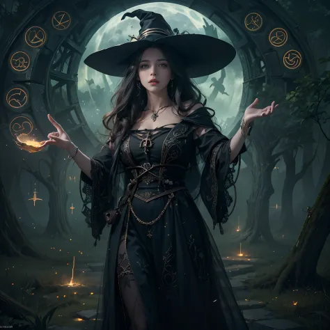 a beautiful modern witch with (witch hat), beautiful face and demonic eyes, facing the camera with grace, practicing her spells ...