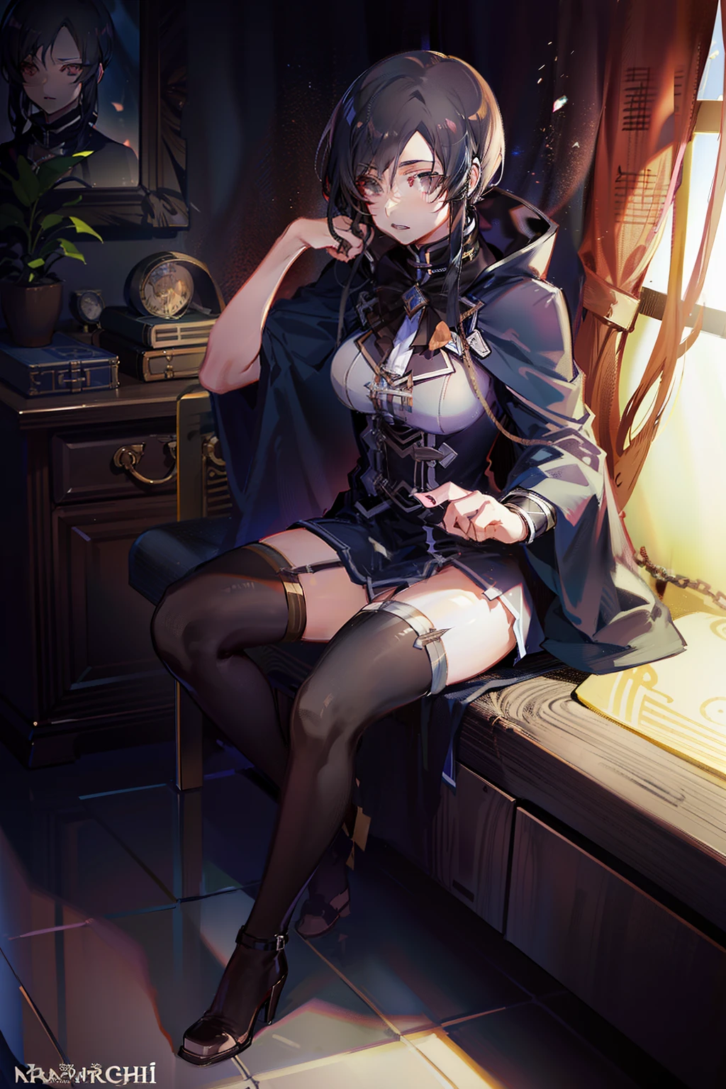 nanahoshi from mushoku tensei, nanahoshi, girl, inspired by nanahoshi mushoku tensei, happy, black hair, black eyes, dark eyes, cinematic art, beautiful woman, medium breasts, breasts, bountiful , beautiful art, shirt, buttoned up shirt, black shirt, button shirt, pants, dress pants.