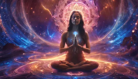 Woman sitting in lotus position with bright blue energy in the background, Powerful woman sitting in space, Illumination spiritu...