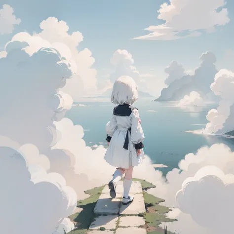 Above the white clouds，White clouds，A castle made of white clouds， 1girll, The little girl stepped on the white cloud，Loli,eleme...