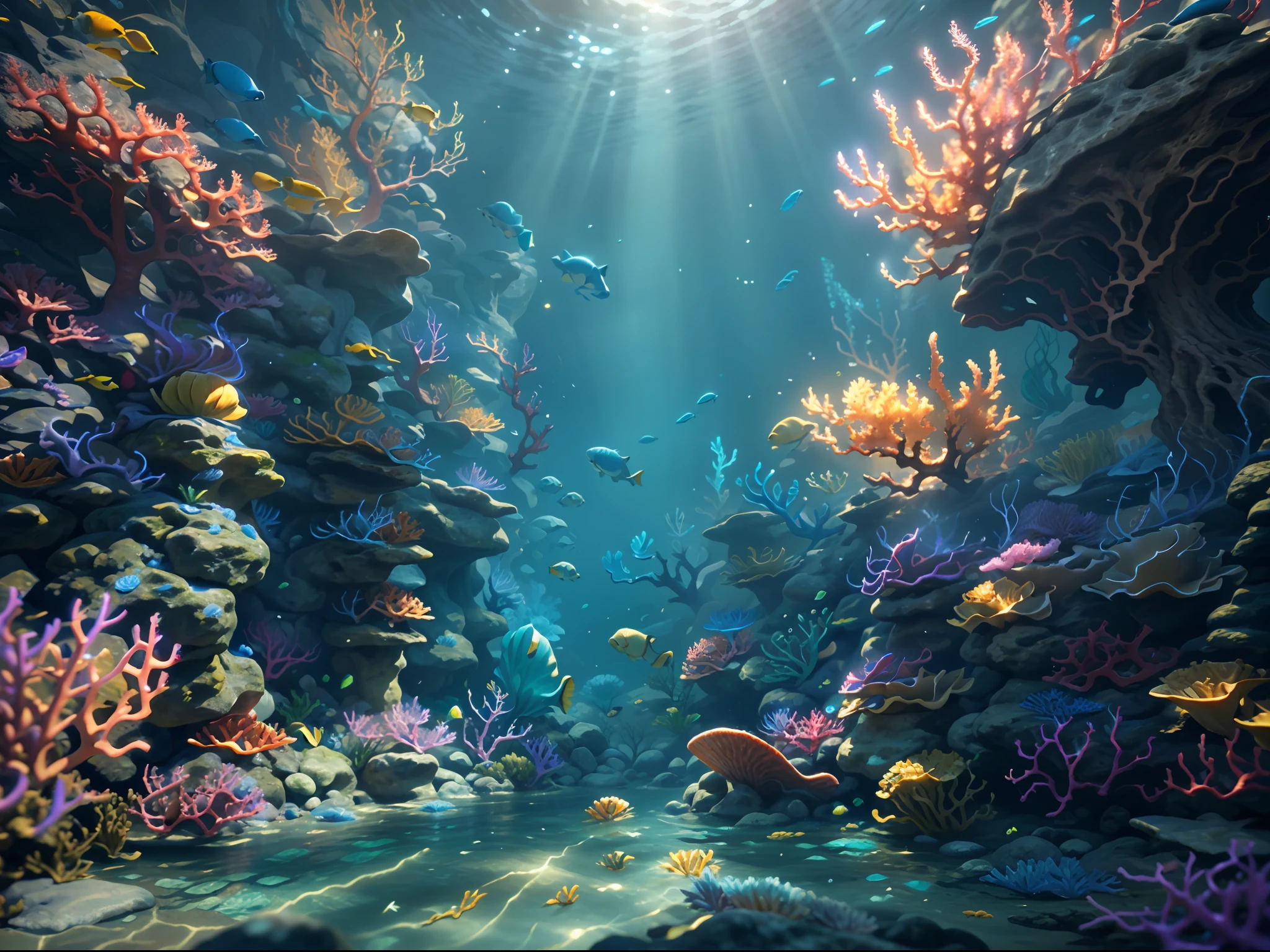 an underwater game scene with fishes and corals, sun shine through the water create an serene feeling, unreal engine five, game style, best quality, masterpiece